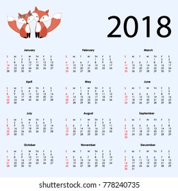 Cute calendar fox and wolf 2018 background pattern template vector