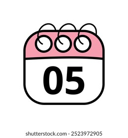 Cute calendar icon. Hand drawn illustration of a pink day planner isolated on a transparent background. Calendar icon with day 05.