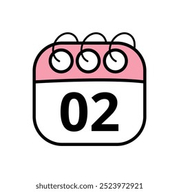 Cute calendar icon. Hand drawn illustration of a pink day planner isolated on a transparent background. Calendar icon with day 02.