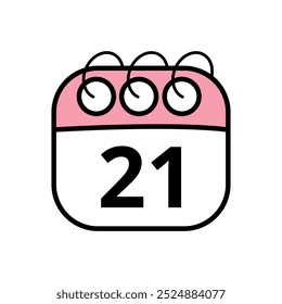 Cute calendar icon. Hand drawn illustration of a pink day planner isolated on a transparent background. Calendar icon with day 21.