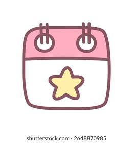 Cute calendar icon. Hand drawn illustration of a birthday calendar with a big star in the center isolated on a white background. Kawaii sticker. Vector 10 EPS.