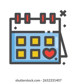 Cute Calendar Icon with Heart, Yellow Squares, and Blue Backgrou