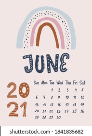 cute calendar June 2021 decorated with rainbow and quote for nursery room decor, prints, posters, cards, agenda, planners, etc. EPS 10