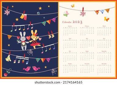 
Cute Calendar For Kids For 2023 Year. Week Starts On Sunday. Vector Template With Dancing Bunnies, Flags, Notes, Birds.