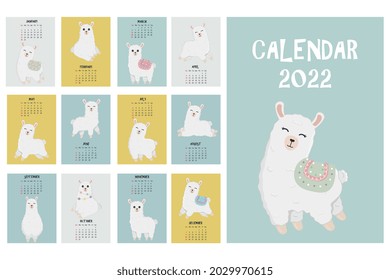 Cute calendar with llama character. 2022 calendar with alpaca.  Minimalistic calendar for the year for print with kids illustrations. Wall vertical calendar. Vector illustration