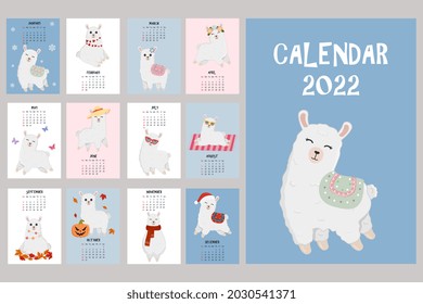 Cute calendar with llama character. 2022 calendar with alpaca.  Minimalistic calendar for the year for print with kids illustrations. Wall vertical calendar. Vector illustration