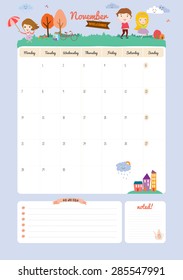 Cute Calendar Template for 2016. Beautiful Diary with Vector Character and Funny Illustrations Animals and Kids. Trendy Season Holidays Backgrounds. Good Organizer and Schedule with place for Notes