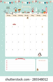 Cute Calendar Template for 2016. Beautiful Diary with Vector Character and Funny Illustrations Animals and Kids. Trendy Season Holidays Backgrounds. Good Organizer and Schedule with place for Notes