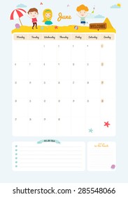 Cute Calendar Template for 2016. Beautiful Diary with Vector Character and Funny Illustrations Animals and Kids. Trendy Season Holidays Backgrounds. Good Organizer and Schedule with place for Notes