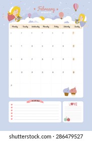 Cute Calendar Template for 2016. Beautiful Diary with Vector Character and Funny Illustrations Animals and Kids. Trendy Season Holidays Backgrounds. Good Organizer and Schedule with place for Notes