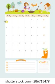 Cute Calendar Template for 2016. Beautiful Diary with Vector Character and Funny Illustrations Animals and Kids. Trendy Season Holidays Backgrounds. Good Organizer and Schedule with place for Notes