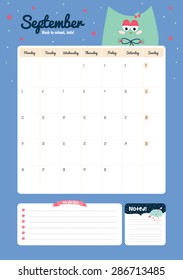 Cute Calendar Template for 2016. Beautiful Diary with Vector Character and Funny Illustrations Animals. Trendy Season Holidays Backgrounds. Good Organizer and Schedule with place for Notes