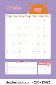 Cute Calendar Template for 2016. Beautiful Diary with Vector Character and Funny Illustrations Animals. Trendy Season Holidays Backgrounds. Good Organizer and Schedule with place for Notes