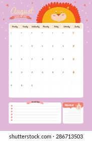 Cute Calendar Template for 2016. Beautiful Diary with Vector Character and Funny Illustrations Animals. Trendy Season Holidays Backgrounds. Good Organizer and Schedule with place for Notes