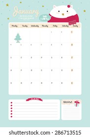 Cute Calendar Template for 2016. Beautiful Diary with Vector Character and Funny Illustrations Animals. Trendy Season Holidays Backgrounds. Good Organizer and Schedule with place for Notes