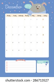 Cute Calendar Template for 2016. Beautiful Diary with Vector Character and Funny Illustrations Animals. Trendy Season Holidays Backgrounds. Good Organizer and Schedule with place for Notes