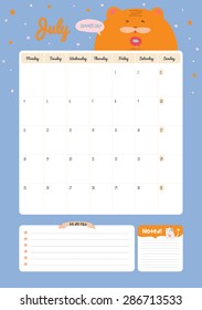 Cute Calendar Template for 2016. Beautiful Diary with Vector Character and Funny Illustrations Animals. Trendy Season Holidays Backgrounds. Good Organizer and Schedule with place for Notes