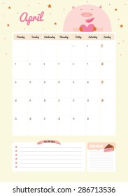 Cute Calendar Template for 2016. Beautiful Diary with Vector Character and Funny Illustrations Animals. Trendy Season Holidays Backgrounds. Good Organizer and Schedule with place for Notes