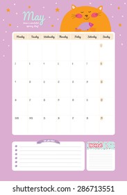 Cute Calendar Template for 2016. Beautiful Diary with Vector Character and Funny Illustrations Animals. Trendy Season Holidays Backgrounds. Good Organizer and Schedule with place for Notes