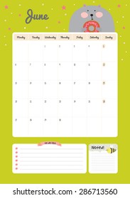 Cute Calendar Template for 2016. Beautiful Diary with Vector Character and Funny Illustrations Animals. Trendy Season Holidays Backgrounds. Good Organizer and Schedule with place for Notes