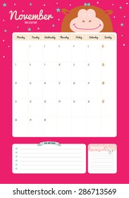 Cute Calendar Template for 2016. Beautiful Diary with Vector Character and Funny Illustrations Animals. Trendy Season Holidays Backgrounds. Good Organizer and Schedule with place for Notes