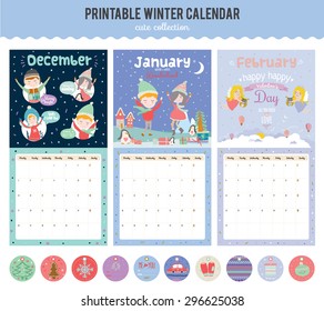 Cute Calendar Template for 2016. Beautiful Diary with Vector Character and Funny Illustrations Animals and Kids. Trendy Season Holidays Backgrounds. Good Organizer and Schedule with place for Notes