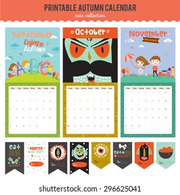 Cute Calendar Template for 2016. Beautiful Diary with Vector Character and Funny Illustrations Animals and Kids. Trendy Season Holidays Backgrounds. Good Organizer and Schedule with place for Notes