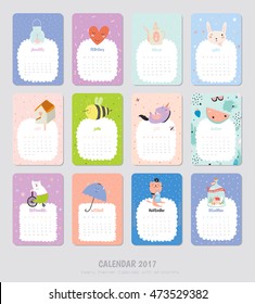 Cute Calendar Template for 2017. Yearly Planner Calendar with all Months. Set with Funny Illustrations Background. Good  Organizer and Schedule for Kids. Vector.