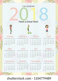 Cute Calendar Template for 2018. Yearly Planner Calendar with all Months. Fashion girls illustration. Style season background.