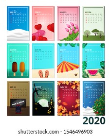Cute Calendar Template for 2020 with elements for every month. Printable calendar for year 2020 for organization and business. Simple and clean design. Vector illustration template