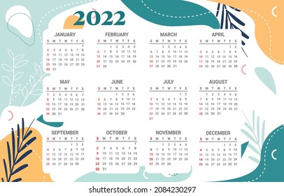 Cute Calendar Template For 2022 In Abstract Flower Frame