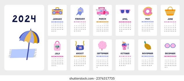 Cute calendar template for 2024 year with tropical summer illustrations. Calendar grid with weeks starts on Monday for kids nursery or corporate design. Vertical monthly calender layout for planning.