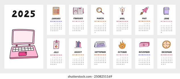 Cute calendar template for 2025 year with creative business doodles. Calendar grid with weeks starts on Monday for home or corporate office. Horizontal monthly calender layout for planning.