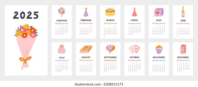 Cute calendar template for 2025 year with creative holiday illustration. Calendar grid with weeks starts on Monday for kids nursery or corporate design. Horizontal monthly calender layout for planning