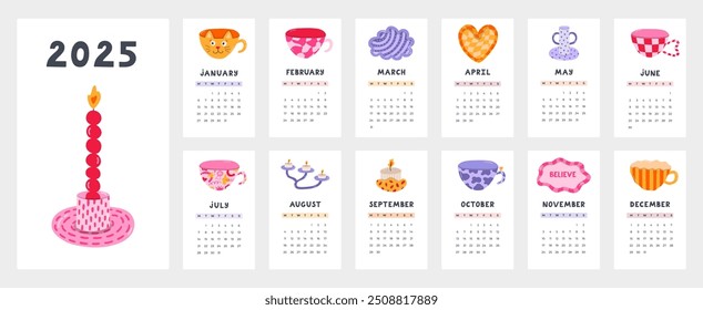 Linda Plantilla de calendario para el año 2025 con Clipart de dibujos animados de cerámica hecha a mano. La cuadrícula del calendario con semanas comienza el lunes para la guardería infantil. Horizontal diseño de calendario mensual para la planificación.