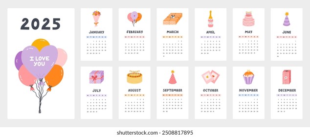 Cute calendar template for 2025 year with creative birthday illustration. Calendar grid with weeks starts on Monday for kids nursery, corporate design. Horizontal monthly calender layout for planning