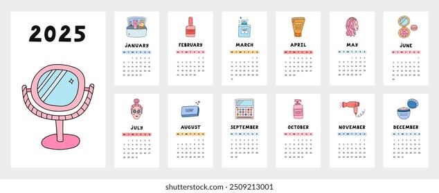 Linda Plantilla de calendario para el año 2025 con garabatos de cuidado de la belleza. La cuadrícula del calendario con semanas comienza el lunes para la guardería infantil, la oficina corporativa. Horizontal diseño de calendario mensual para la planificación.