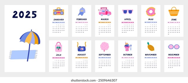 Modelo de calendário bonito para 2025 ano com clipart de verão tropical. Grade de calendário com semanas começa na segunda-feira para crianças berçário ou design corporativo. Layout de calendário mensal horizontal para planejamento.