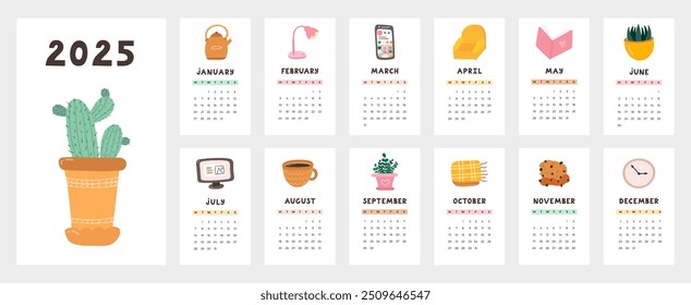 Cute calendar template for 2025 year with cozy scandinavian illustration. Calendar grid with weeks starts on Monday for kids nursery, corporate office. Horizontal monthly calender layout for planning.