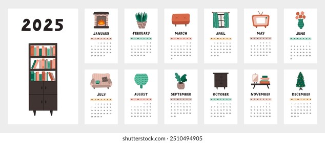 Modelo de calendário bonito para 2025 ano com ilustrações acolhedoras do interior da casa. A grade de calendário com semanas começa na segunda-feira para o berçário ou escritório. Layout de calendário mensal horizontal para planejamento.