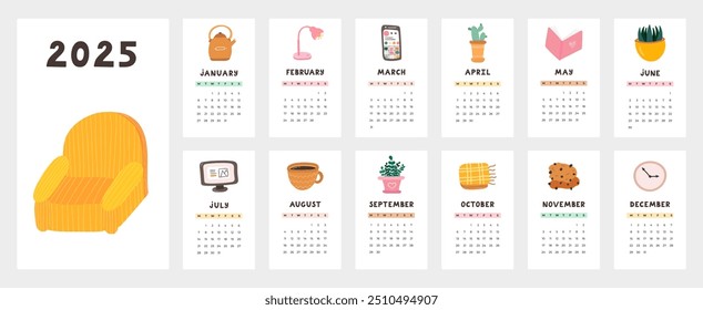 Linda Plantilla de calendario para el año 2025 con acogedor Clipart escandinavo. La cuadrícula del calendario con semanas comienza el lunes para la guardería infantil, la oficina corporativa. Horizontal diseño de calendario mensual para la planificación.