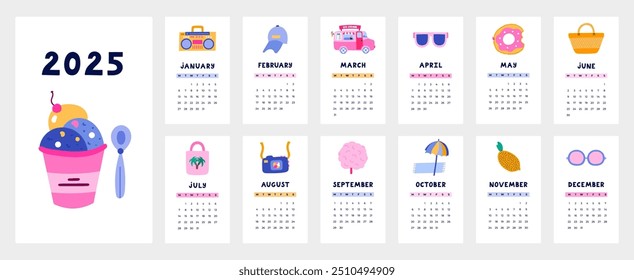 Linda Plantilla de calendario para el año 2025 con ilustraciones tropicales de verano. La cuadrícula del calendario con semanas comienza el lunes para la guardería infantil, diseño corporativo. Horizontal diseño de calendario mensual para la planificación.