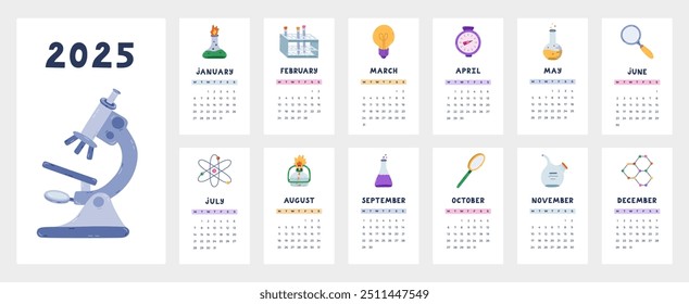 Modelo de calendário bonito para 2025 ano com química e laboratório desenho animado clipart. Grade de calendário com semanas começa na segunda-feira para crianças berçário. Layout de calendário mensal horizontal para planejamento