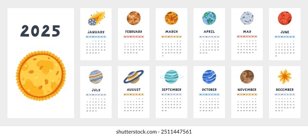 Linda Plantilla de calendario para el año 2025 con Clipart de dibujos animados de planetas del Sistema Solar. La cuadrícula del calendario con semanas comienza el lunes para la guardería infantil. Horizontal diseño de calendario mensual para la planificación