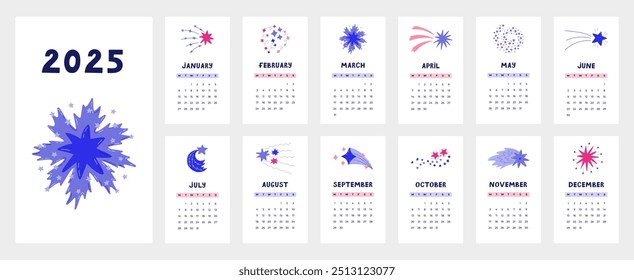 Cute calendar template for 2025 year with cartoon clipart of star dust, falling star. Calendar grid with weeks starts on Monday for kids nursery. Horizontal monthly calender layout for planning