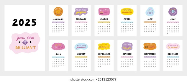 Modelo de calendário bonito para 2025 ano com inspirador, letras de elogio em bolhas. Grade de calendário com semanas começa na segunda-feira para crianças berçário. Layout de calendário mensal horizontal para planejamento