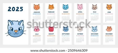 Cute calendar template for 2025 year with creative doodle of cat faces. Calendar grid with weeks starts on Monday for kids nursery or office. Horizontal monthly calender layout for planning.
