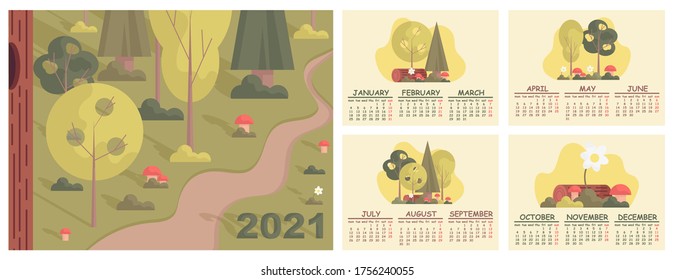 Cute calendar template with a forest landscape and floral compositions. 2021 year. Flat style illustration.