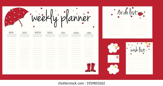 Cute Calendar Weekly Planner Template. Autumn Theme Illustration. Organizer and Schedule.