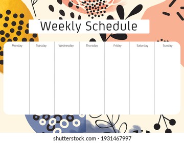 Cute Calendar Weekly Planner Template With Abstract Background Illustration. Organizer And Schedule.